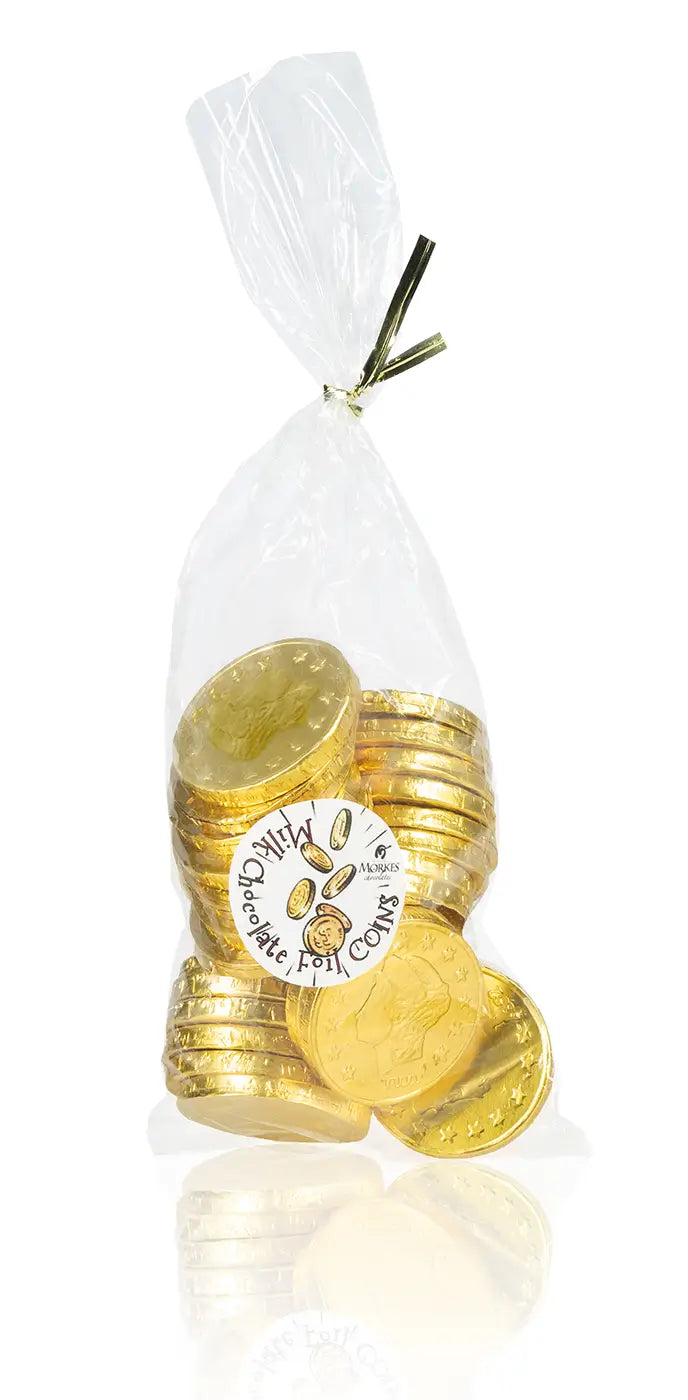 A bag full of delicious Chocolate Gold Coins by Morkes Chocolates. This demonstrates how the chocolate coins are delivered
