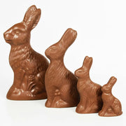 A group of four Solid Easter Chocolate Bunnies standing in line. The bunnies are arranged left to right with their sizes decreasing