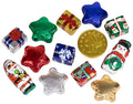 A collection of foiled chocolate ornaments in various shapes including stars and gift boxes, with colors such as green, red, gold, and silver.