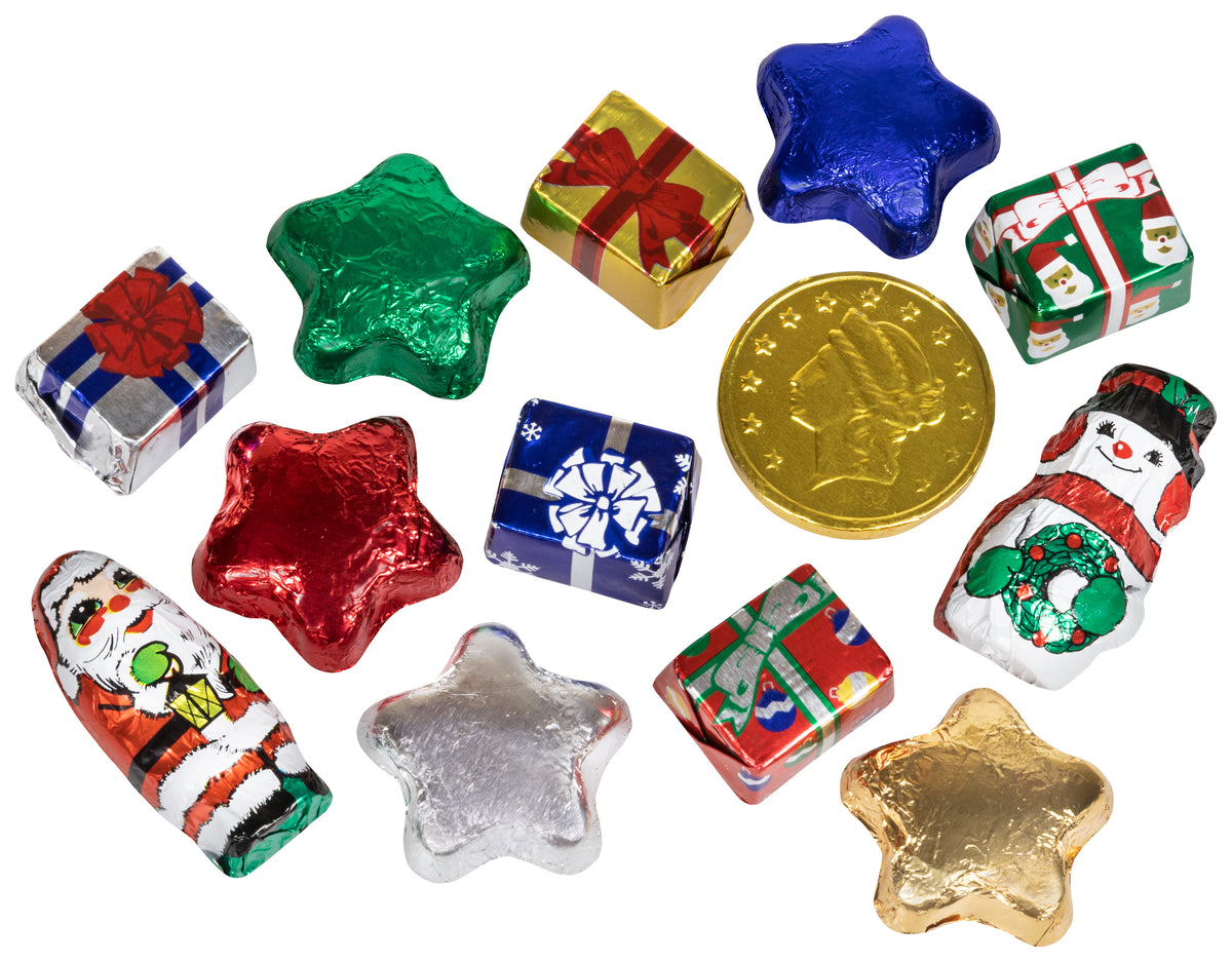 A collection of foiled chocolate ornaments in various shapes including stars and gift boxes, with colors such as green, red, gold, and silver.