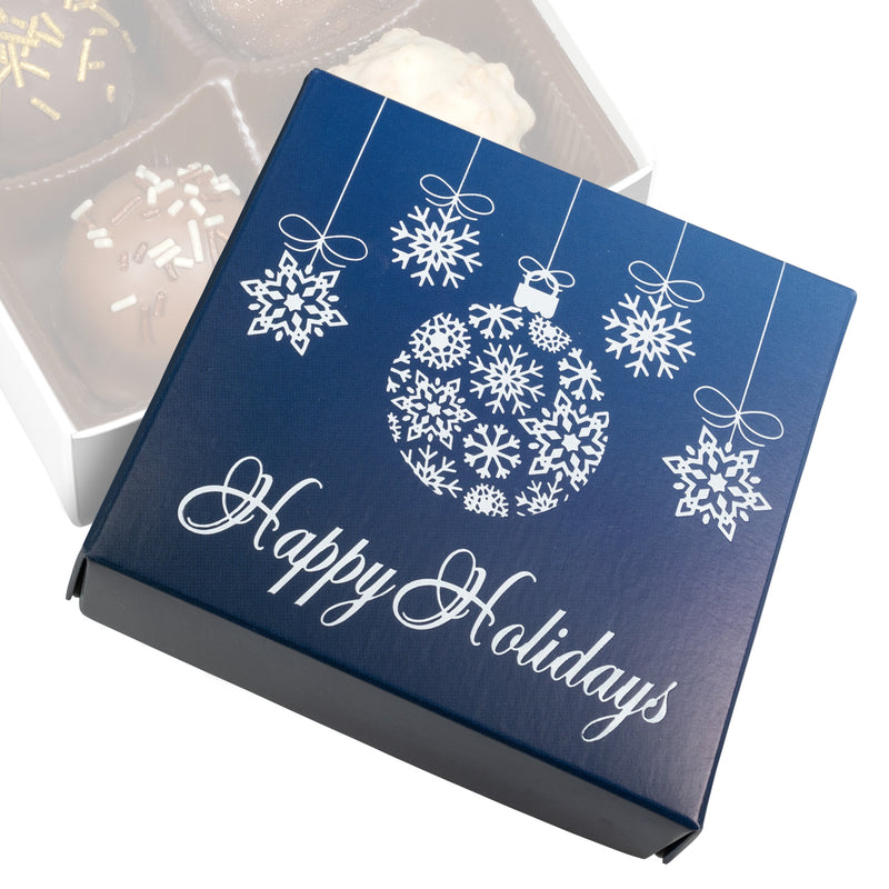 Navy blue gift box with white holiday designs and 'Happy Holidays' text.