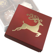 Red box with gold reindeer design on a white background