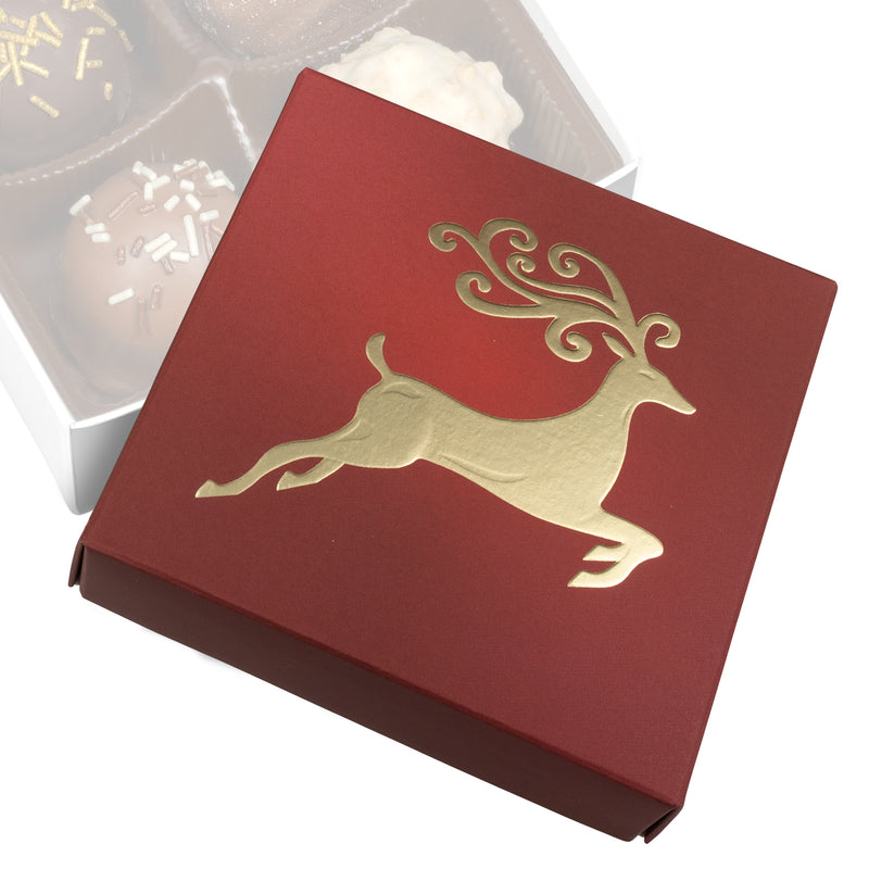 Red box with gold reindeer design on a white background