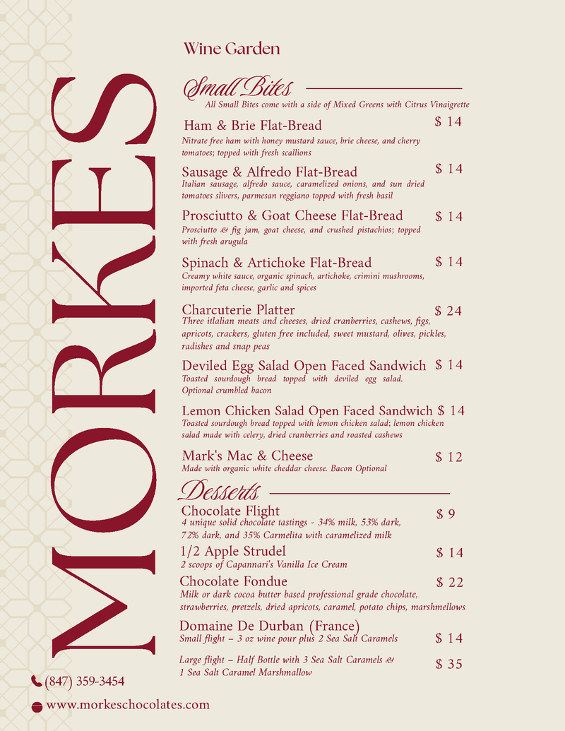 Morkes Chocolates Wine Garden menu