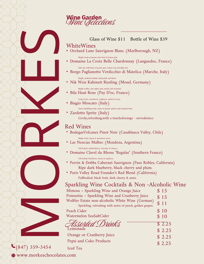 Morkes Chocolates Wine Garden menu