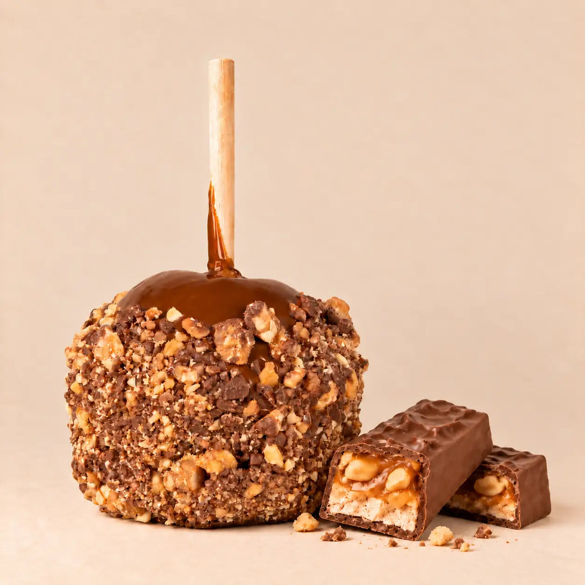 A single caramel apple with a wooden stick, coated in glossy caramel and topped with Snickers crumb. There is a cut-in-half Snickers bar beside it.