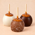 A trio of chocolate caramel apples from Morkes Chocolates. In the front, there is a milk chocolate caramel apple covered with sea salt. In the back, there is a white chocolate caramel apple on the left and a dark chocolate caramel apple on the right.